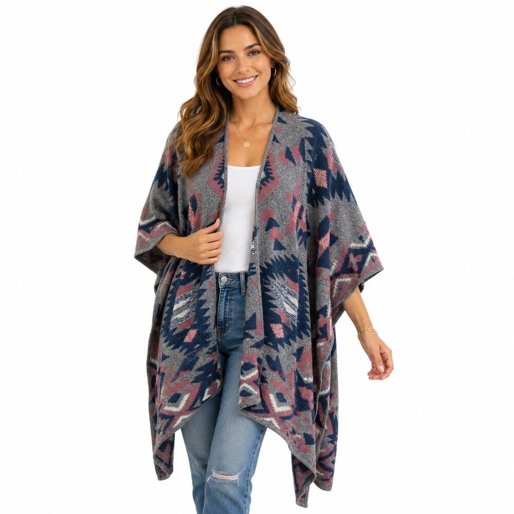 Lucky Brand Aztec Southwest Open Front Cardigan Ruana Poncho Wrap One Size Gray
